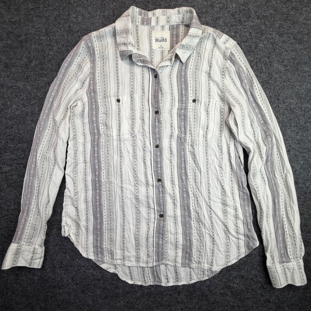 Mudd Button Down Shirt Women Size Medium White Gray Striped Long Sleeve Cotton